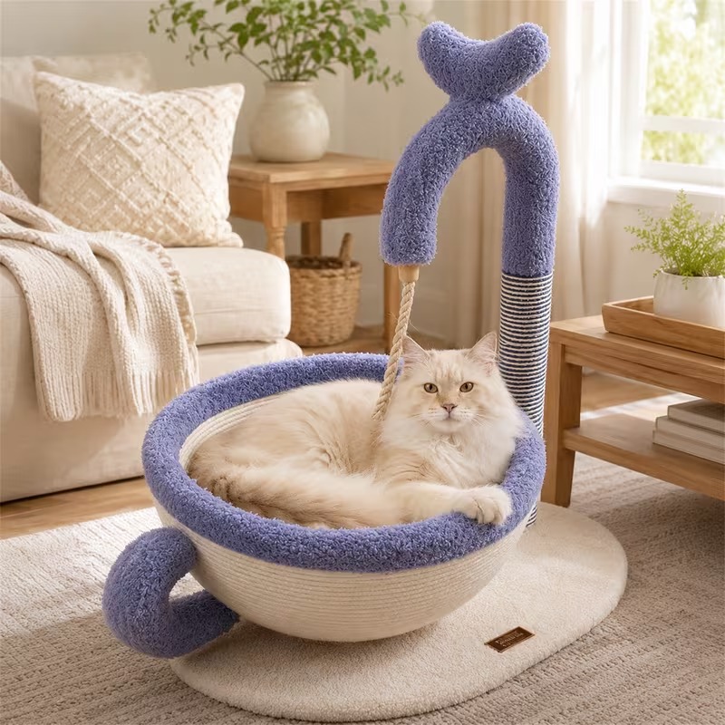2-in-1 Cat Scratcher Bed with Teaser Toy